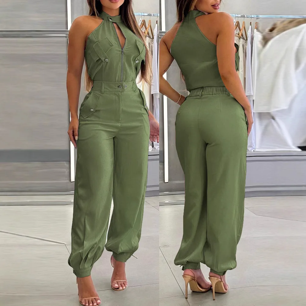 2 ピース衣装ノースリーブ ハイネック カーゴ ポケット デザイン トップとカジュアルなカフス付きロング パンツ セット