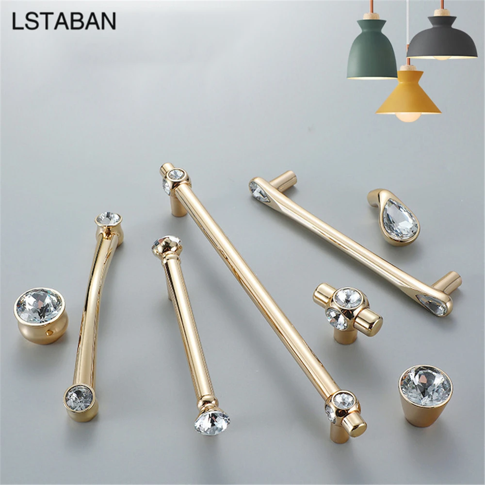 Gold Crystal Diamond Furniture Cabinet Handles Zinc Alloy Kitchen Shoebox Closet Door Pulls Drawer Knobs Wardrobe Pullers Knobs