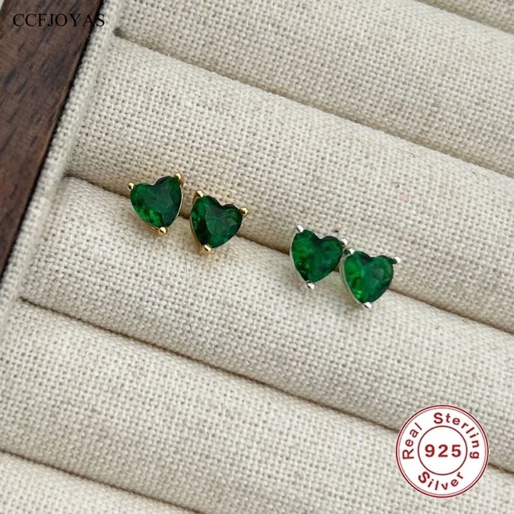 

CCFJOYAS 925 Sterling Silver Green Zircon Heart-shaped Stud Earrings for Girl Women Retro Mini Cute Love Summer Earrings