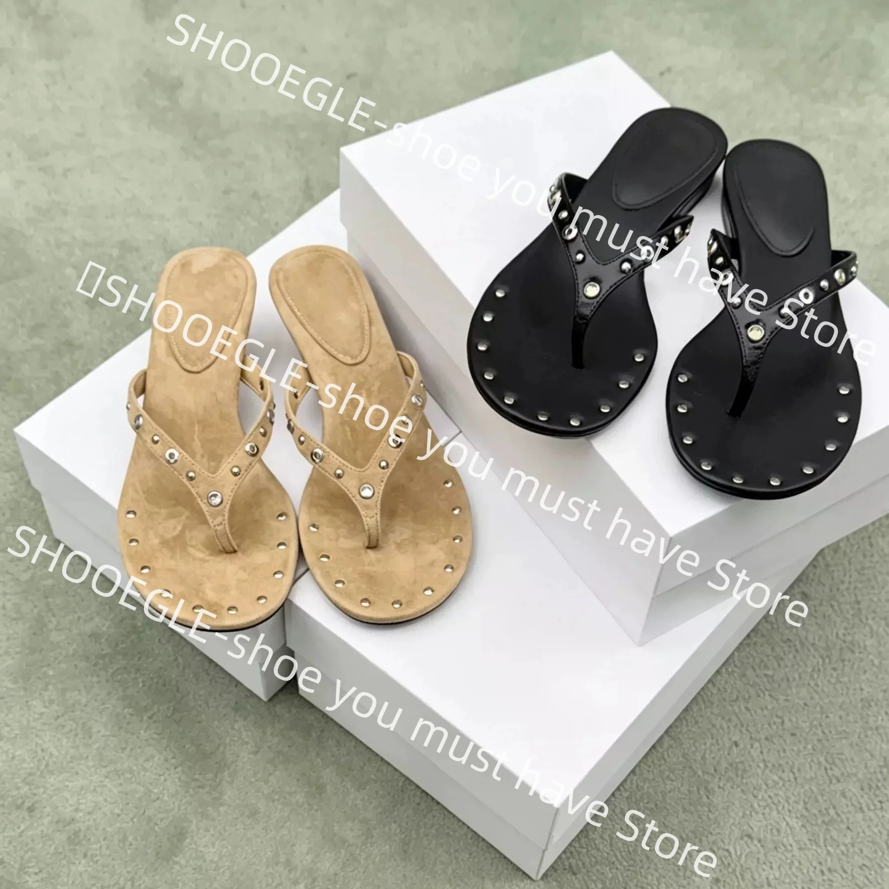 Sandalias Planas con Tachuelas para Mujer, Chanclas, Diseño Clásico y Glamuroso, para Verano, Playa, Uso Diario, Casual