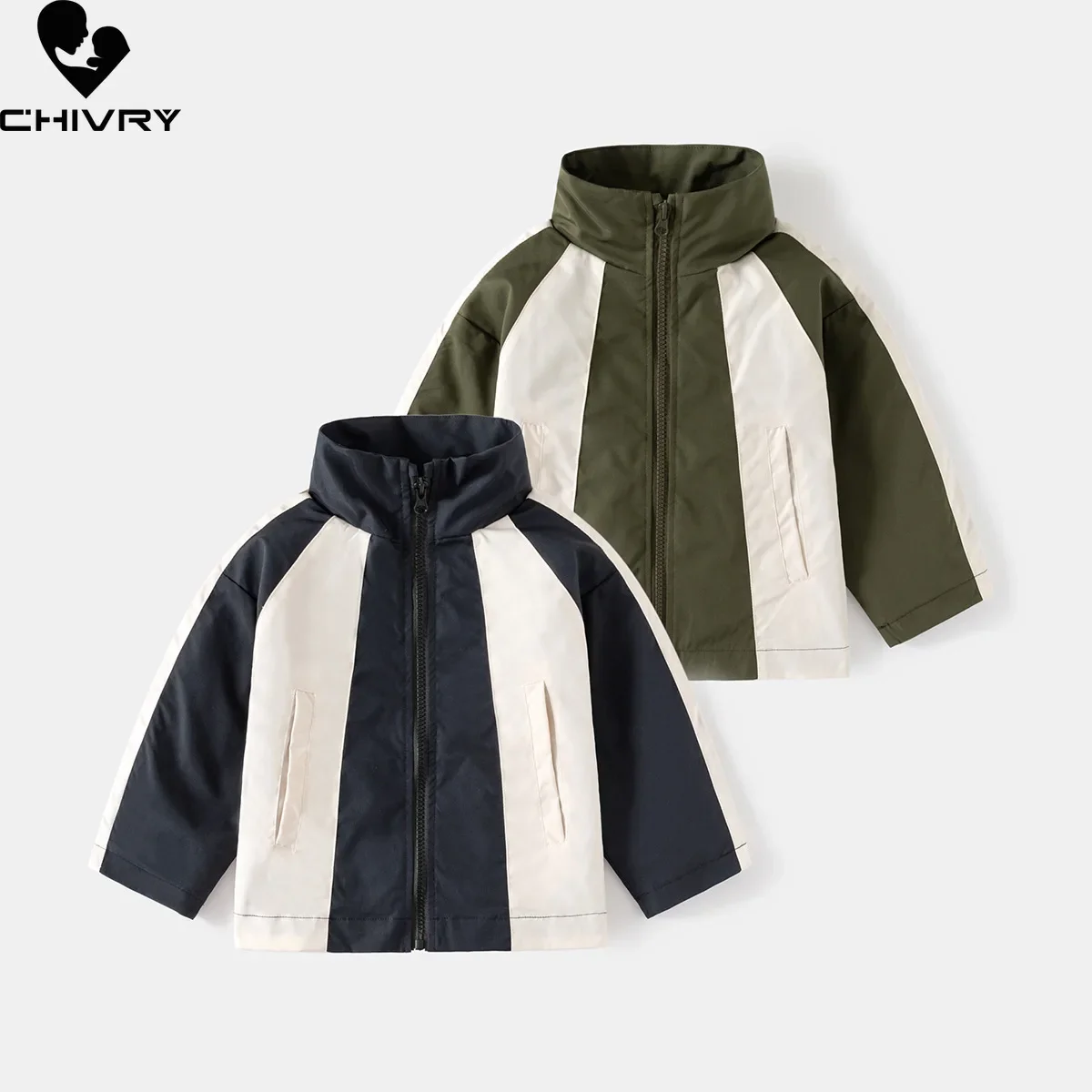 

New 2024 Spring Autumn Kids Fashion Zipper Patchwork Color Coat Children Boys Casual Stand Collar Outdoor Jackets Clothing