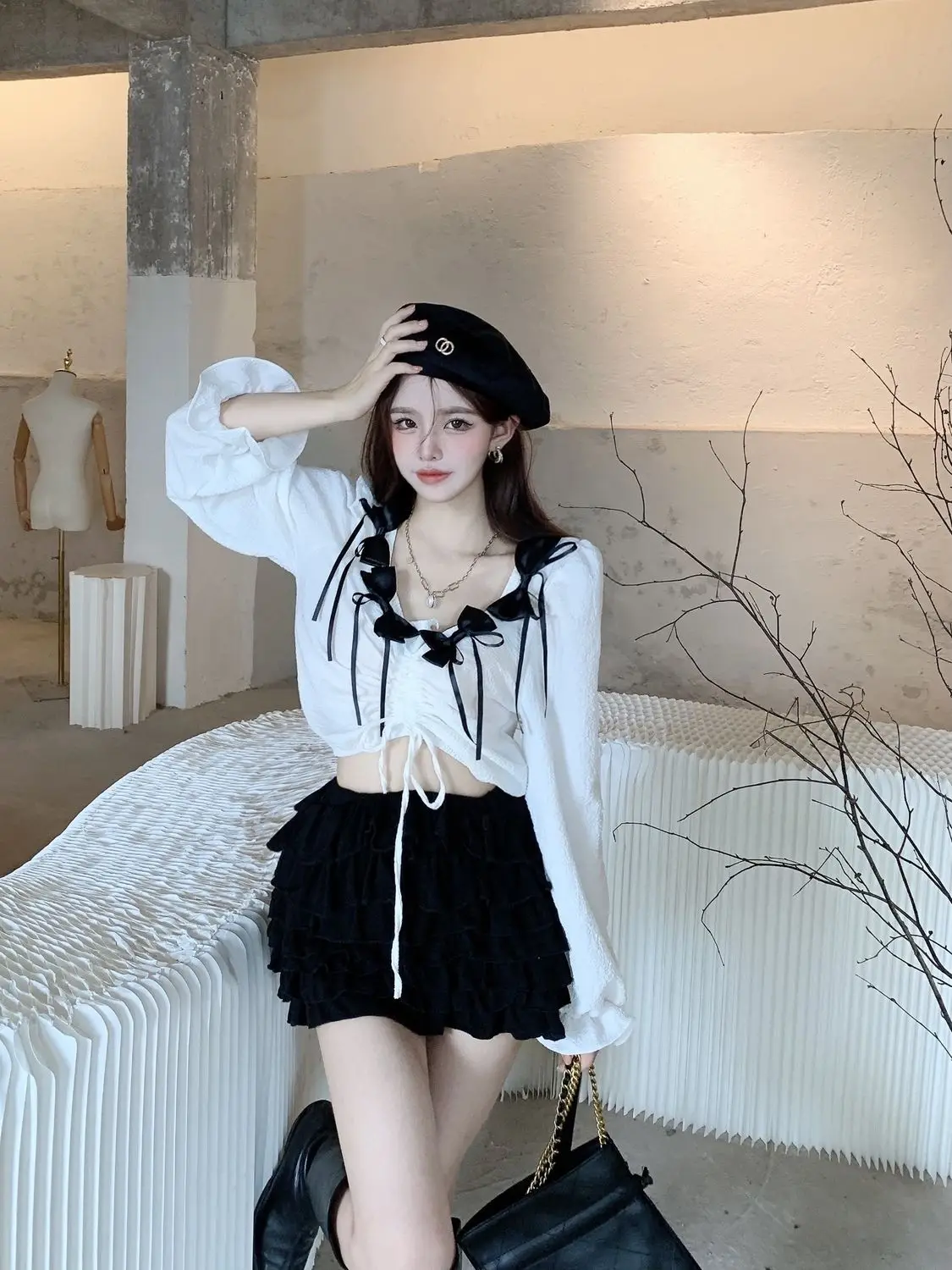 

Bow Drawstring Blouse Women Summer Sweet Pleated Thin Shirt Female Chic Puff Sleeve Top