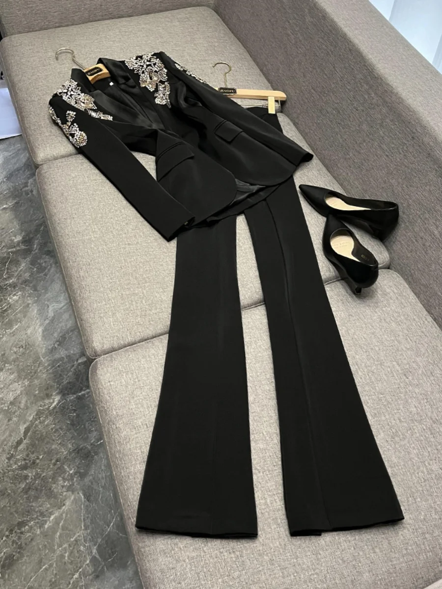 

Костюм с воротником-стойкой и воротником-стойкой с тяжелой вышивкой и брюками с разрезом, ансамбль Celebri Faion A0455