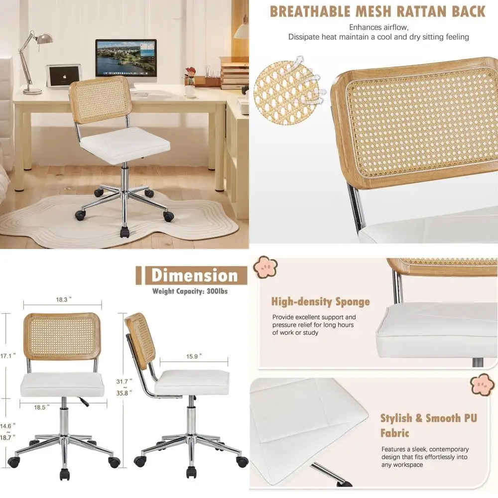 

Adjustable Height Swivel Armless PU Leather Vanity Chair with Wheels, White, Ideal for Home Office, Bedroom, Makeup, and Small S