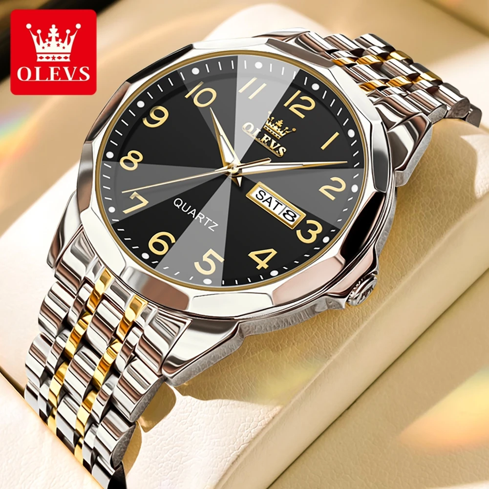 OLEVS 9970 Original Quartz Watch for Men Classic Solid Steel Strap Rhombus Mirror Fashion Dual Calendar Luminous Men Wristwatc