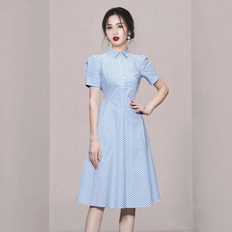 Blue Striped Korean Style Collar Long A-Line Dress Slimming Commute Shirt Dress Summer New Arrival High Waist Short Sleeve