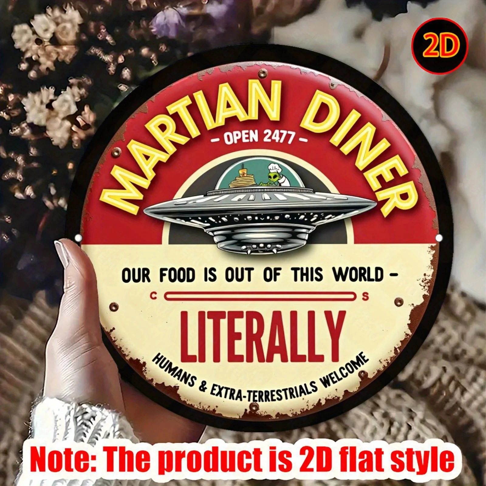 2D Flat Round Metal Sign, Interstellar Food Light Sign, Mars Retro Aluminum Plate Painting, Suitable for Living Room, Bedroom.