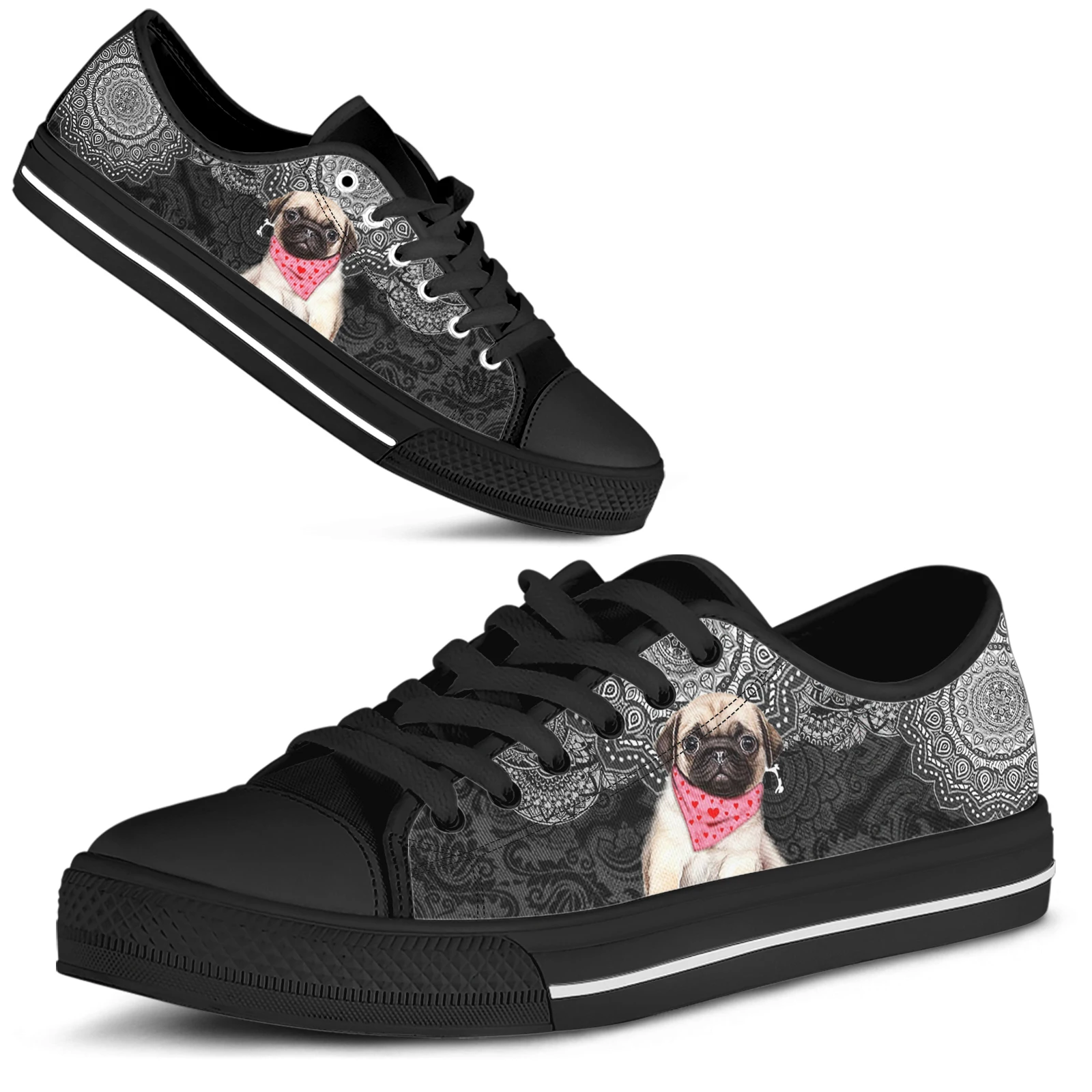 ELVISWORDS Boho Ladies Sneakers Pug Dog Lovers Comfortable Canvas Low Top Shoes Lace Up Women Vulcanized Shoes Zapatos Planos