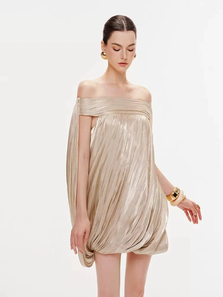 

Ele Off-oulder Midi Dr Women's Autumn Winter New Sle Slimming Pleated ort Skirt French Sle Polyester Fiber