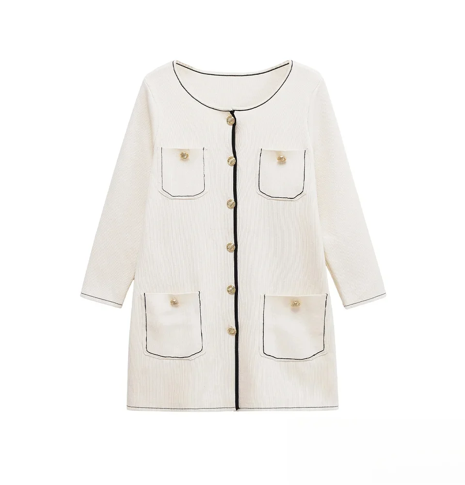 

KONDALA Women Elegant Knitted Cardigan Button Pocket Seven-Quarter Sleeve Coat 2025 Spring Fall Fashion Simple Sweater Cardigan