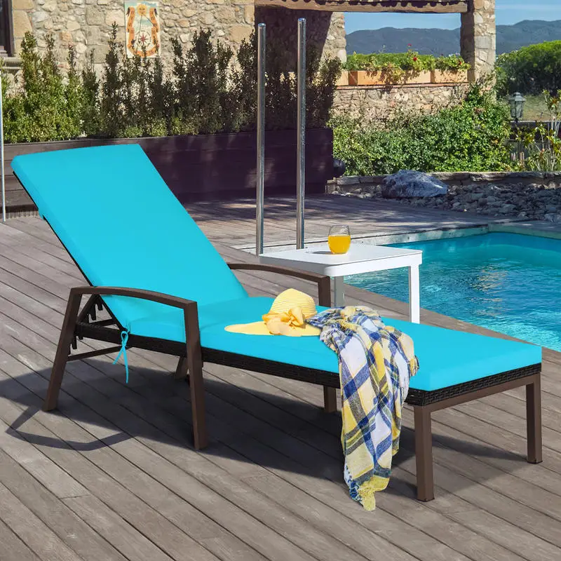 

2 Pieces Patio Rattan Reclining Chaise Lounge Chair with Cushion and Armrest-Turquoise and White