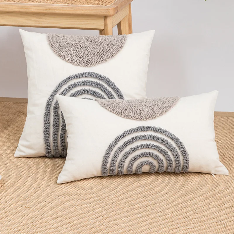 Half Circle Striped Geometric Tuft Cushion Cover Nordic Gray White Pillow Cover Pillowslip Cushion Cover Home Decor Sofa Luxury