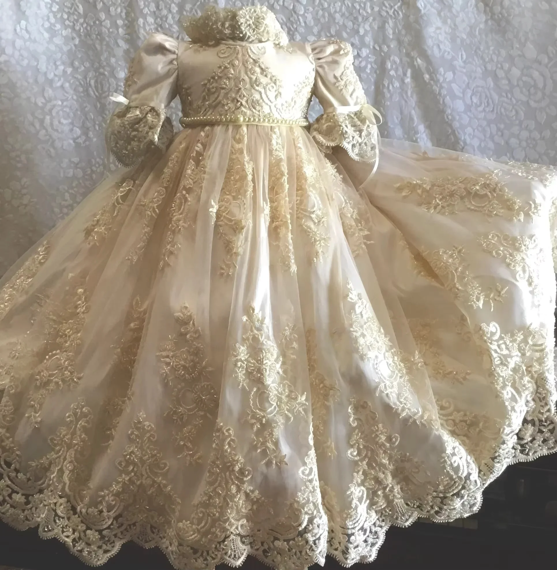 First Communion Dresses Christening Gowns Lace Appliques Baby Newborn Toddler  Ruched Beads Light Champagne Baptism Dresses