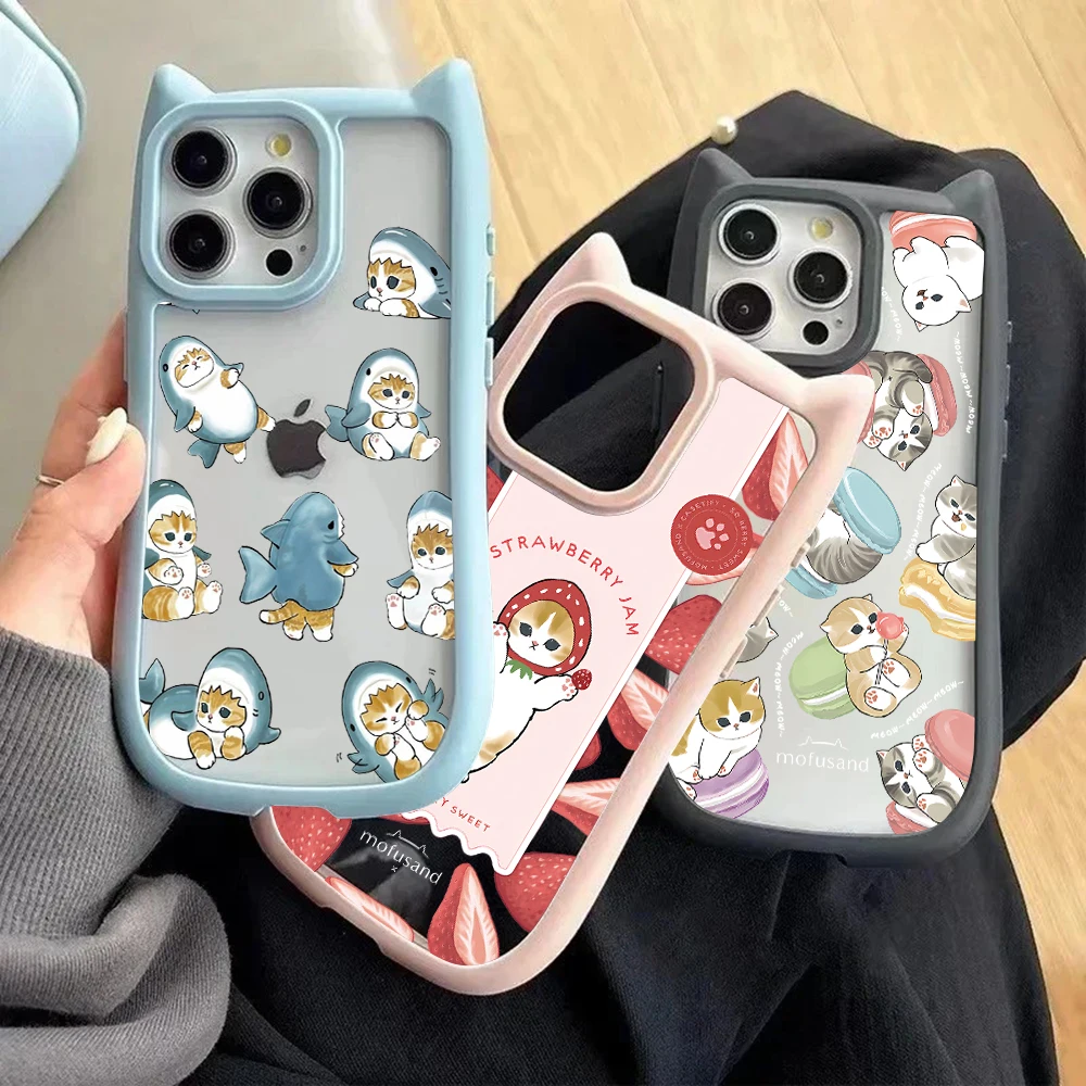 Cute mofusands cat Ear Phone Case For iPhone 16 15 14 13 12 11 Pro Max Transparent Shockproof Hard Acrylic Soft Silicone Bumper