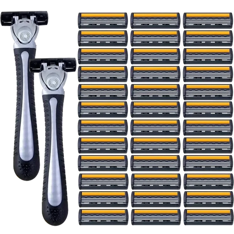 

1 Handles + 3/6 Blades Men's and Women's 3-Layer Stainless Steel Blades Smooth Shaving Non-Slip Rubber Handle for Beard & Body