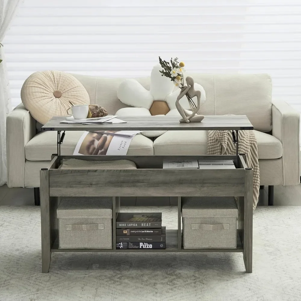 Farmhouse Lift Top Coffee Table, Rustic Grey Coffee Table with Lift Top, Lift Up Pop Up Coffee Table with Storage Shelf