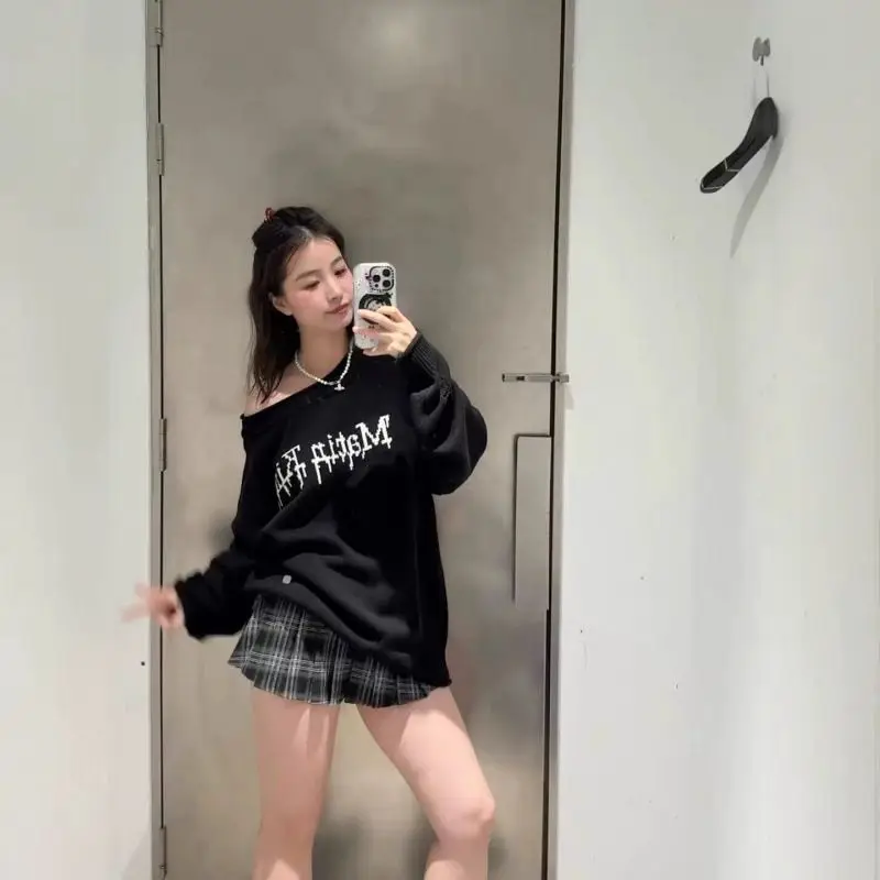 Matin Kim Two Way Off Shoulder Damage Pullover Distressed Logo Knit Sweater Fall Winter Unisex