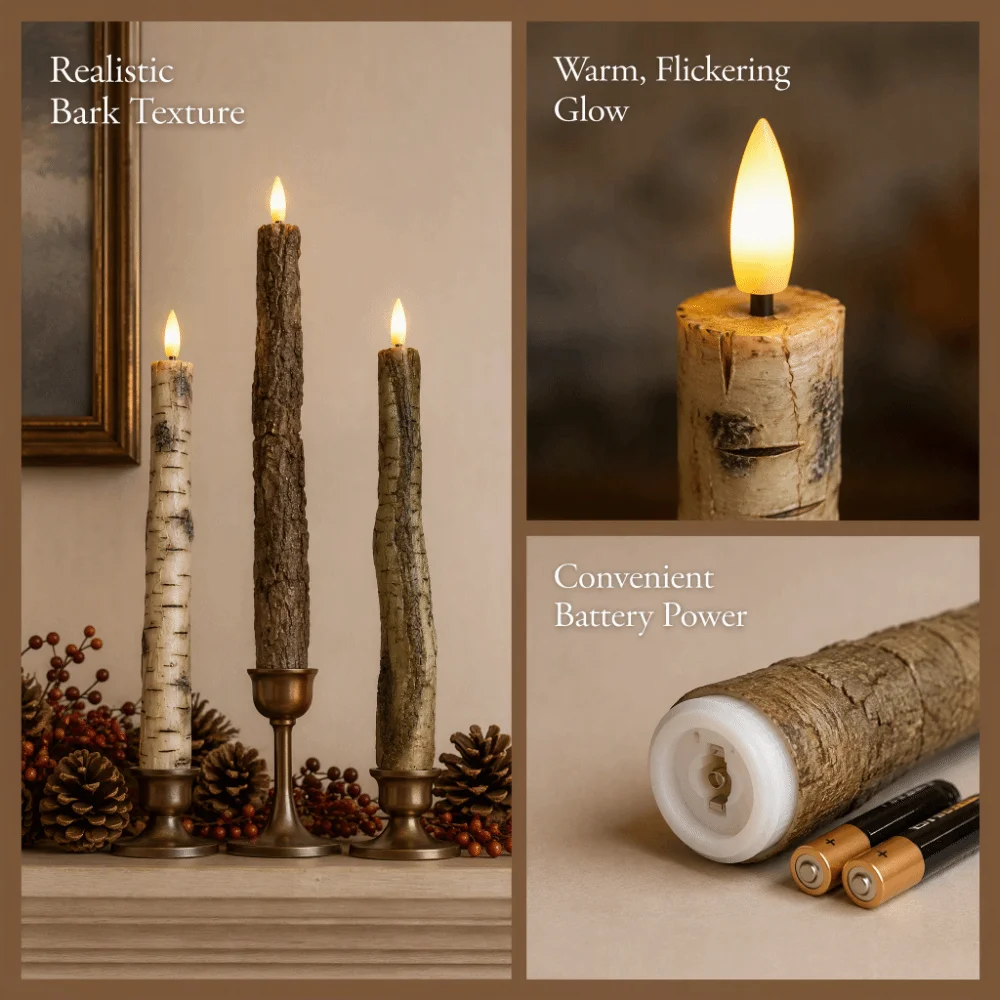 Soft Light LED Flameless Candles Birch Wood Texture LED Light Electronic Candles Flame Simulation Flameless Design