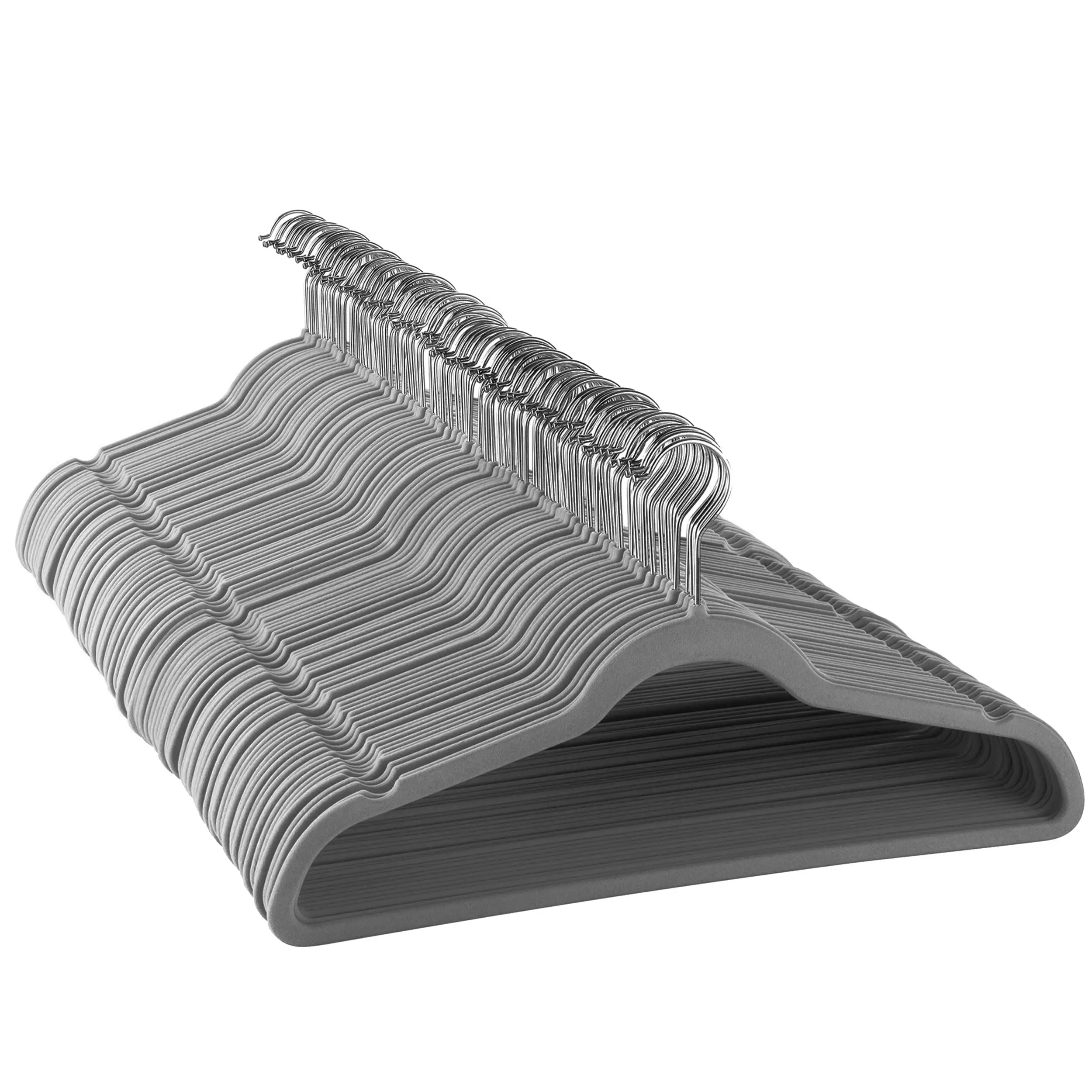 

Home 100 Piece Set of Velvet Slim Profile Heavy Duty Felt Hangers with Stainless Steel Swivel Hooks in Gray