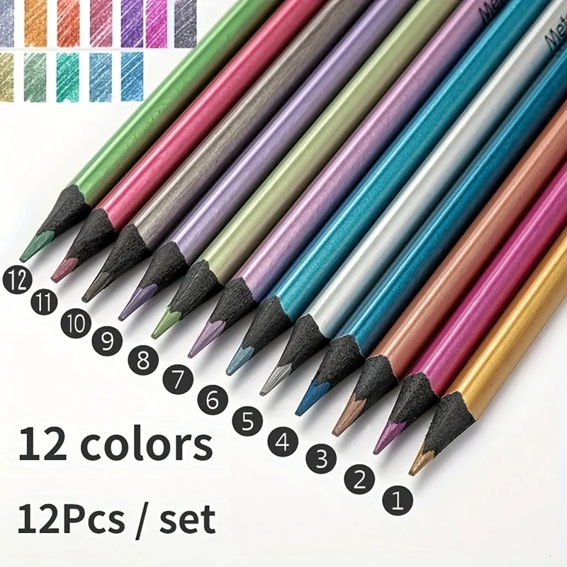 Roise 12 Color Metallic Colored Pencils Drawing Sketching Set Coloring Colour Pencils Profession Art Supplies For Artist