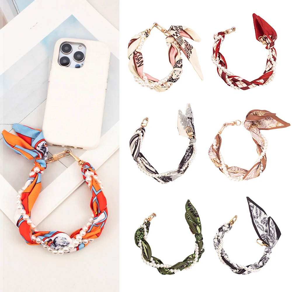 Woven Wristband Short Hanging Chain Portable Style Mobile Phone Lanyard Silk Scarf Pearl Phone Case Chain Fashion Bag Pendants