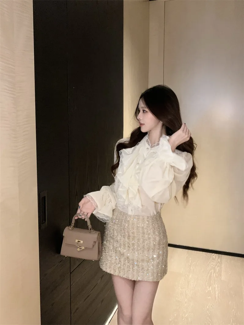 

Velvet Bubble Sve irt Women's Stand Collar Inner Wear Base Top Spring Commute Sle Pure Color Girl's Faion Design