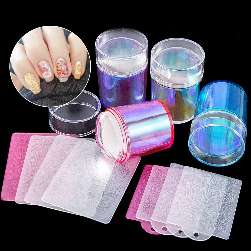 3Pcs Nail Stamper with Cover Print Template Silicone Transparent Aurora Color Nail Stamps Multiple Styles Nail Art Manicure Tool