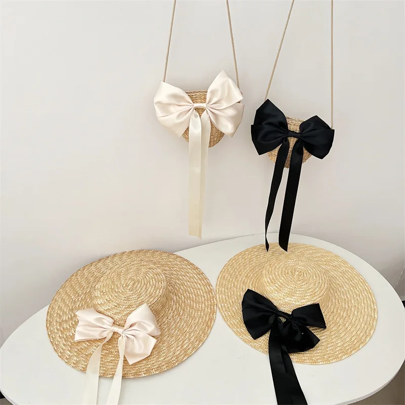 Fashion Bow Baby Straw Hat Bag Set Summer Big Brim Kids Sun Hat Children Panama Caps Kids Sun Protection Caps