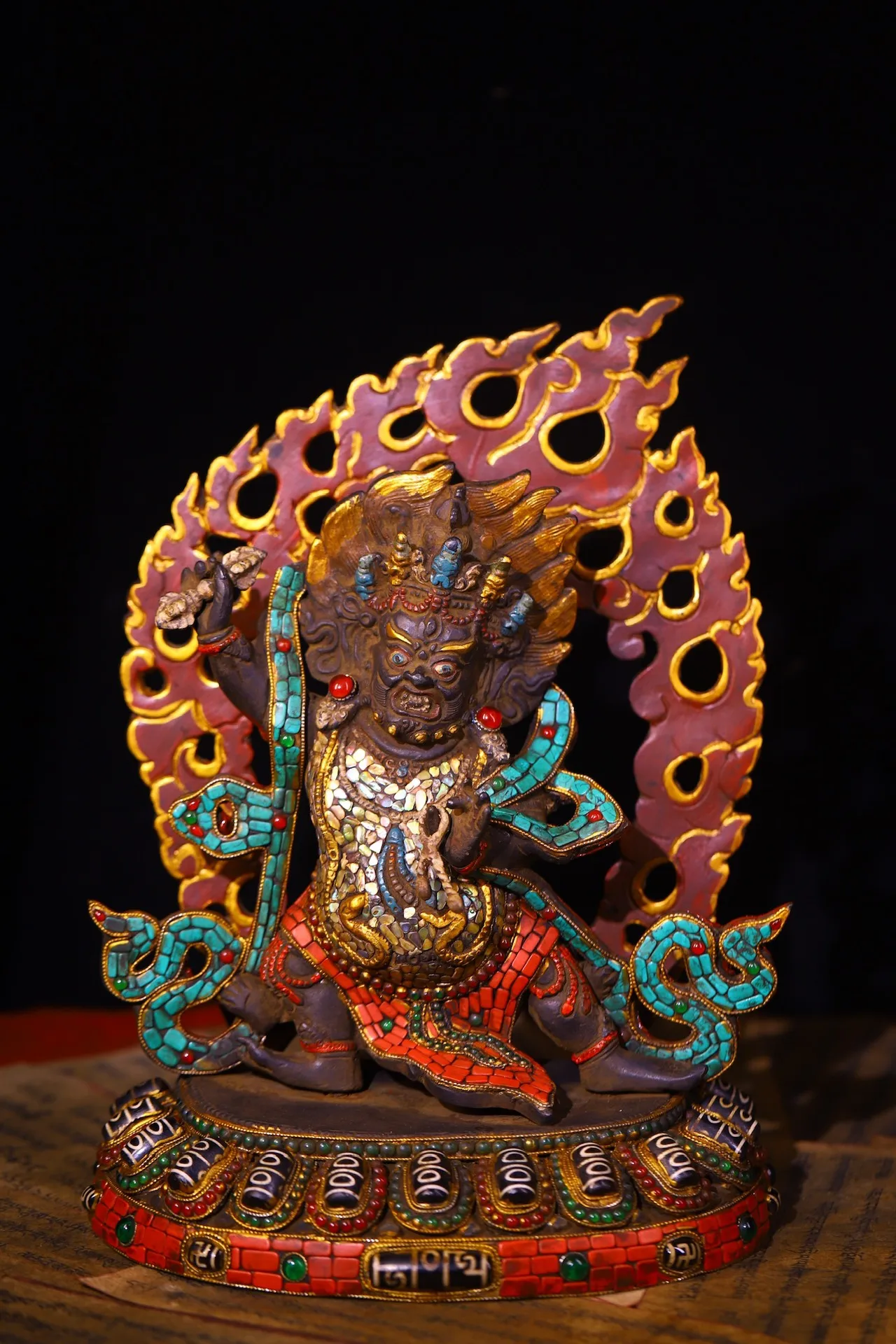 

12"Tibetan Temple Collection Old Bronze Painted Mosaic Gem gZi Beads Turquoise Vajrapani Bodhisattva Buddha Worship Hall