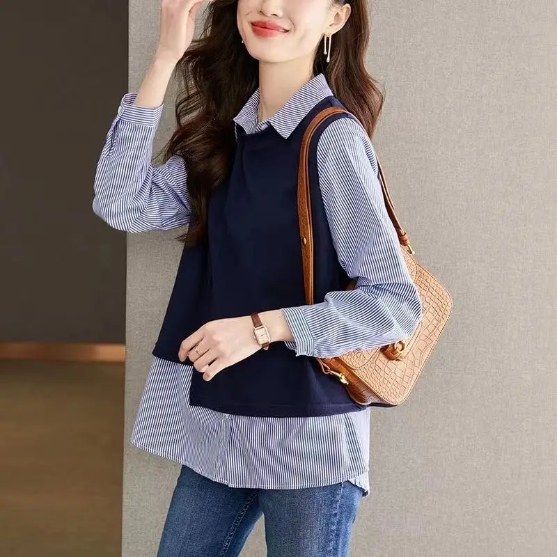 Fashion Lapel Button Spliced Striped Fake Two Pieces Blouses Women\'s Clothing 2024 Autumn New Loose All-match Tops Casual Shirts