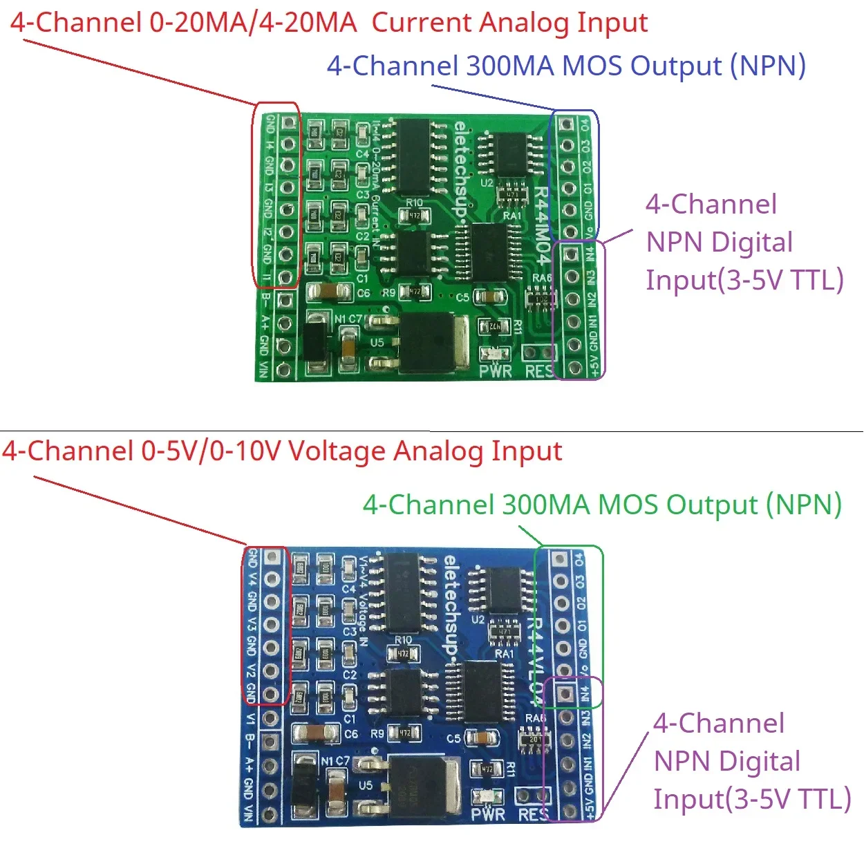 RS485 Analog Digital IO Module 12CH 12V 24V 4AI-4DI-4DO PLC Remote I/O Board Modbus RTU 01/02/03/04/05/06/15/16 Function Code