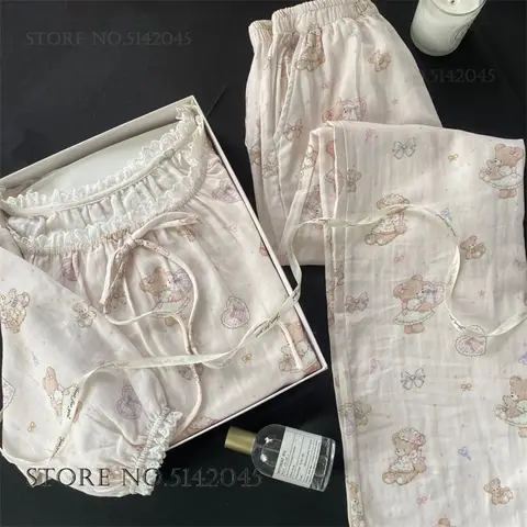 Cotton Gauze Female 2PCS Pajamas Set Loungewear Print Cartoon Lace Sleepwear Trouser Suits Spring Autumn New Homewear Pyjama