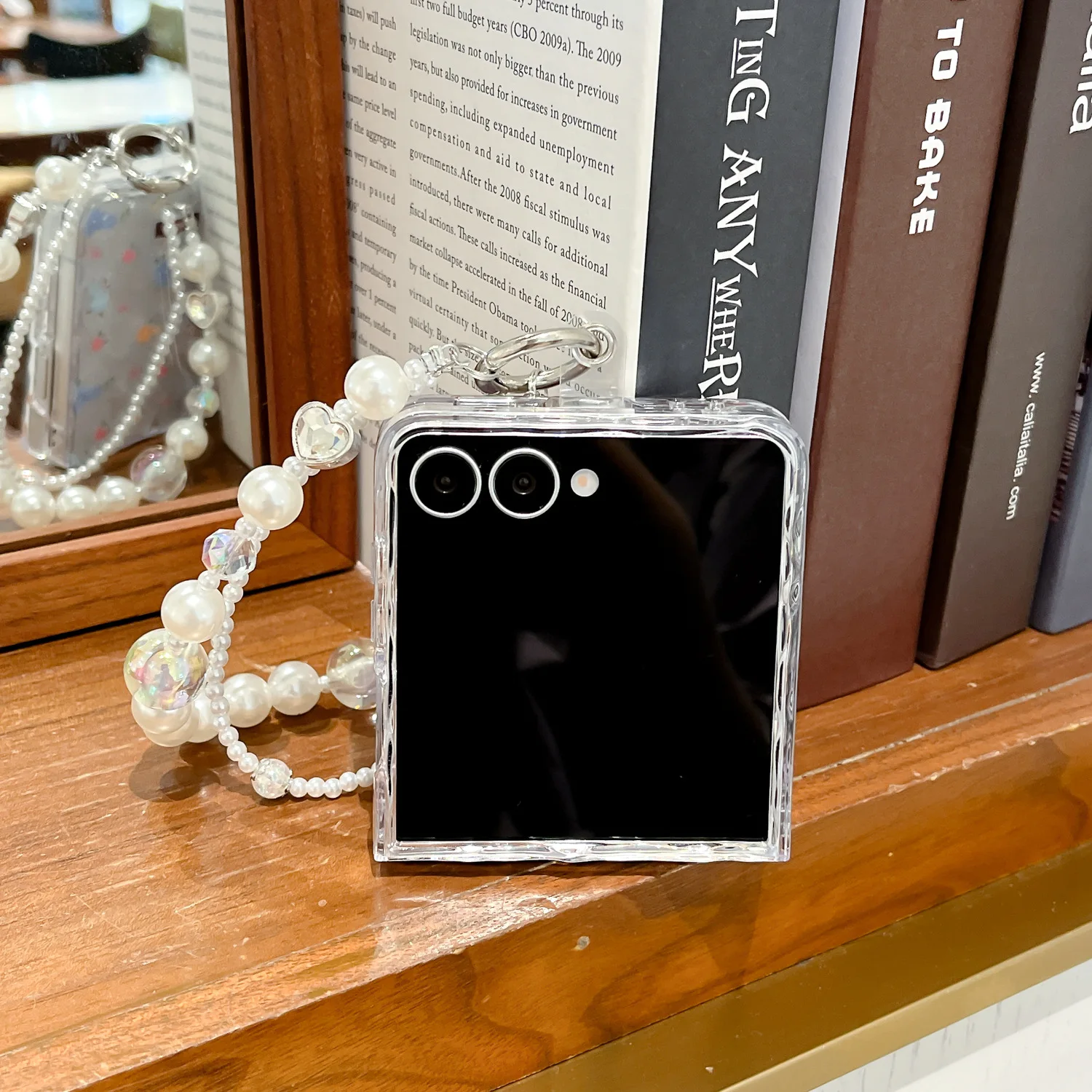 Z Flip6 ケース 透明 花柄 パールブレスレット 水波柄 耐衝撃カバー Z Flip3からZ Flip7まで対応