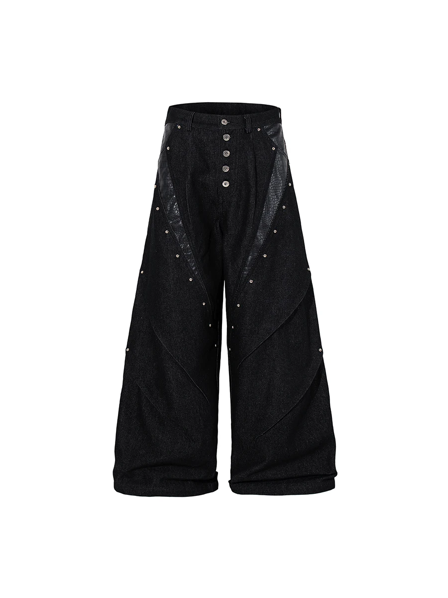 

TR BRUSHSHIFT American Streetwear Decomposed Patchwork PU Leather Jeans Loose Rivet Original Cowhide Pants Men's Casual Jeans