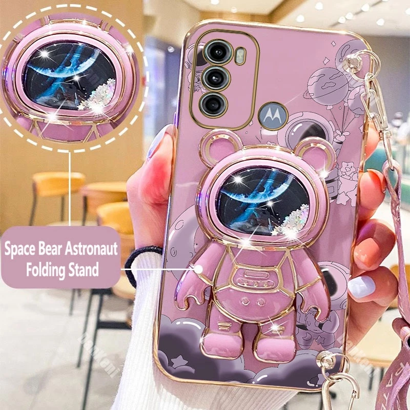 G60 G60S Brave Astronaut Holder Lanyard Plating Phone Case For Motorola Moto G60 G62 G72 G84 G52 G60S G82 G40F G54 G50 G42 Cover