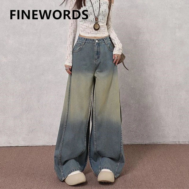 

FINEWORDS Vintage Casual High Waist Washed Jeans Women Easymatch Korean Streetwear Wide Leg Jeans Full Length Punk Baggy Jeans