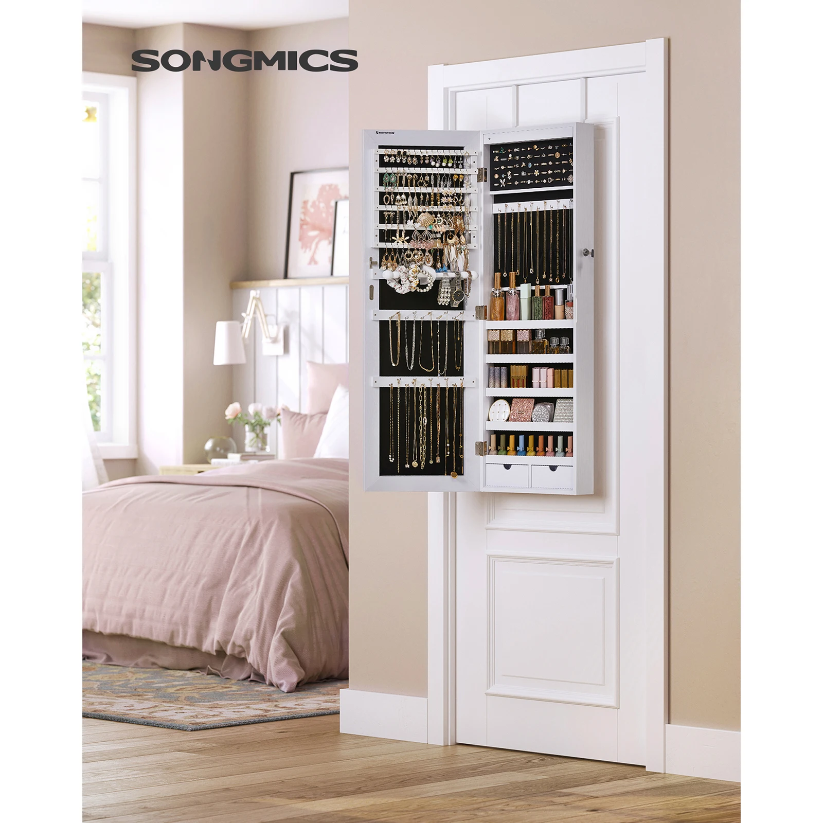 SONGMICS Frameless Mirrored Jewelry Cabinet, 6 LEDs Organizer, Wall/Door Mount, Large Capacity, 2 Drawers, White