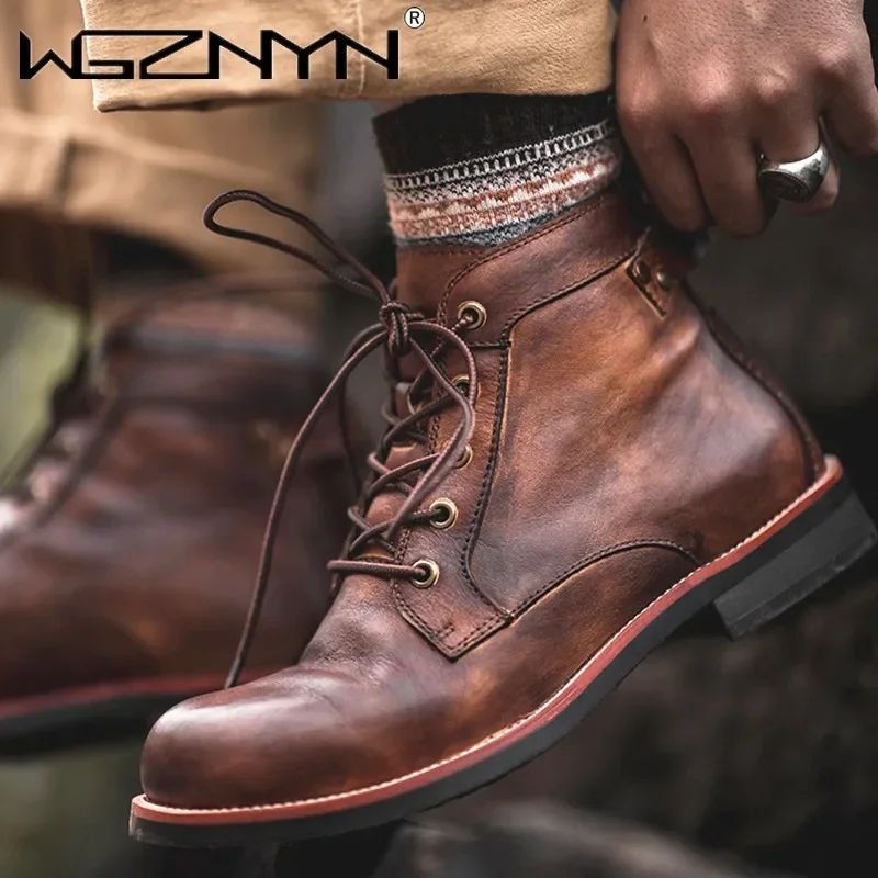 

2025 Retro High Men's Leather Shoes Dress Business Working Brown Male Boots Lace-up Flat Casual Comfortable Mens Shoes Size 48