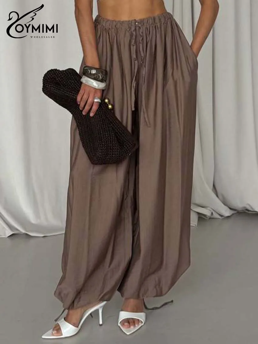 Oymimi Elegant Blue Loose Women's Pants Fashion Mid Waisted Drawstring Trousers Casual Solid Pockets Ankle-Length Pants Female