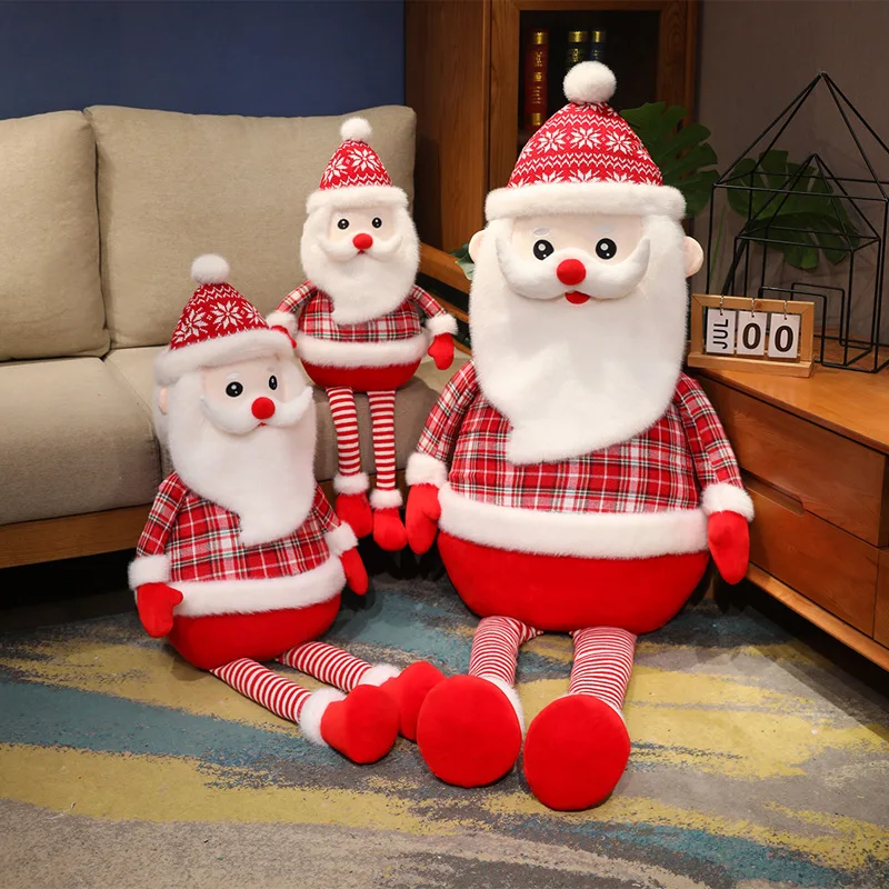 Kawaii Plush Christmas Gift for Kids Long Legged Santa Claus Stuffed Toy Large Red Plaid Xmas Decoration Pillow Birthday Present