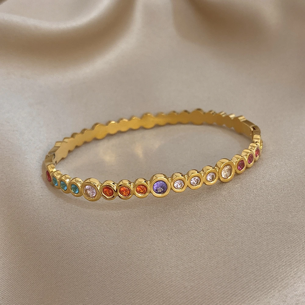 Colorful Zircon Round Beads Stainless Steel Bracelets for Women Trendy Gold Plated Stacked Cuff Bangle Waterproof Jewelry