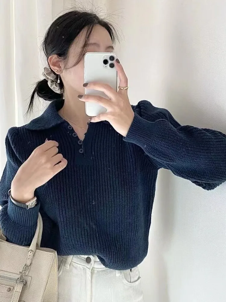 الكورية Sle المرأة محبوك سترة فقاعة Sve العلوي التخسيس خمر طوق الخريف الشتاء Faionable رداء علوي غير رسمي #2