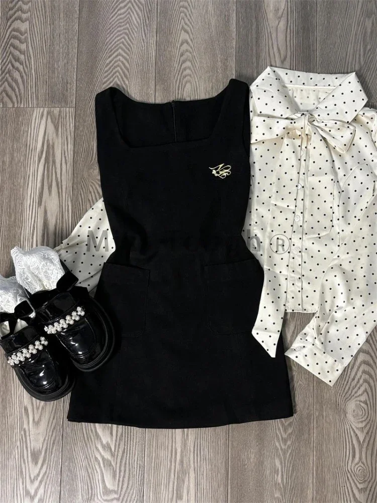 Autumn Korean Fashion Slim 2-piece Set Women Design Elegant Long Sleeve Polka Dot Bow Tops + Solid Thin Braces Dress Female New