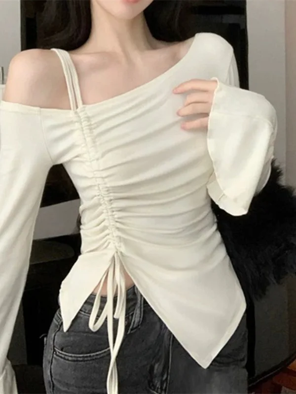 

Женская блузка с открытыми плечами и длинными рукавами, однотонная, модная, в европейском стиле, приталенная, для повседневной носки, из других тканей