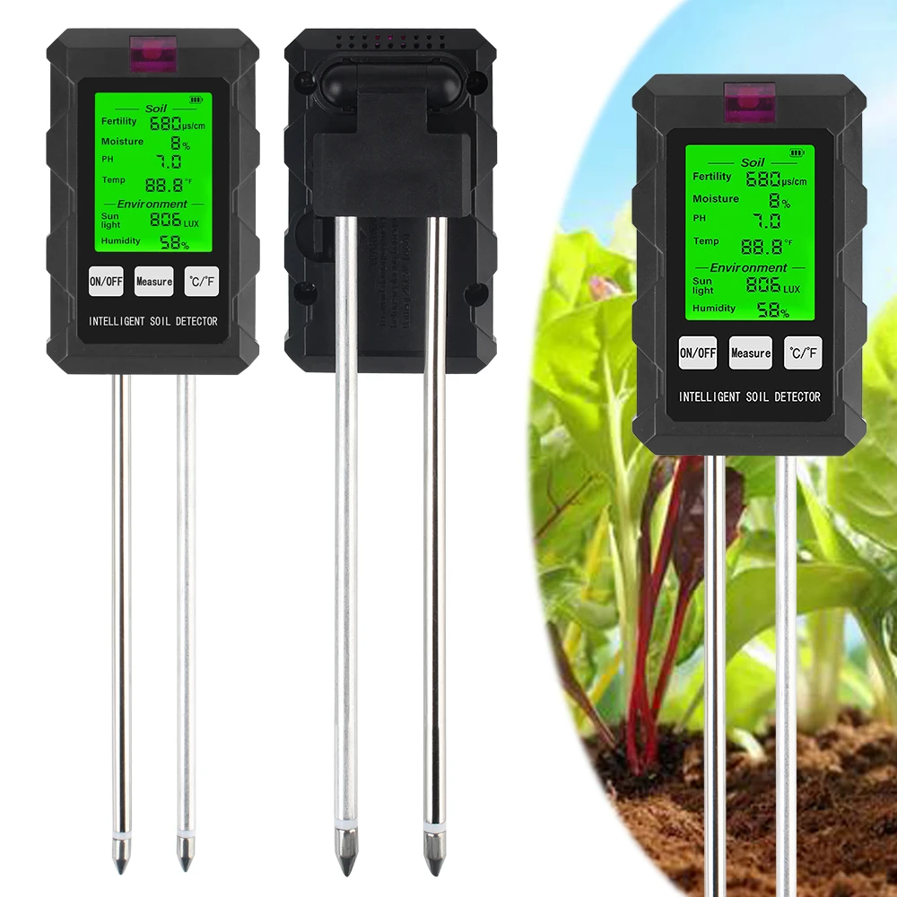 

Soil Tester Tool Gardening Tool Humidity Sunlight Air Moisture Nutrient Fertility Meter 6 in 1 pH Temperature Multifunctional