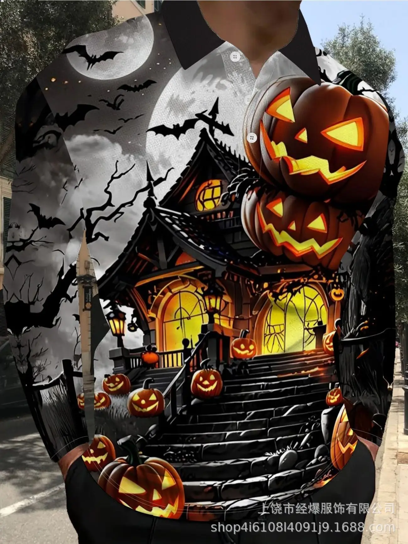 Men Long Sleeve Polo Shirt 3D Print Halloween Pumpkin Haunted House Skeleton Bat Gothic Party Casual Street Top