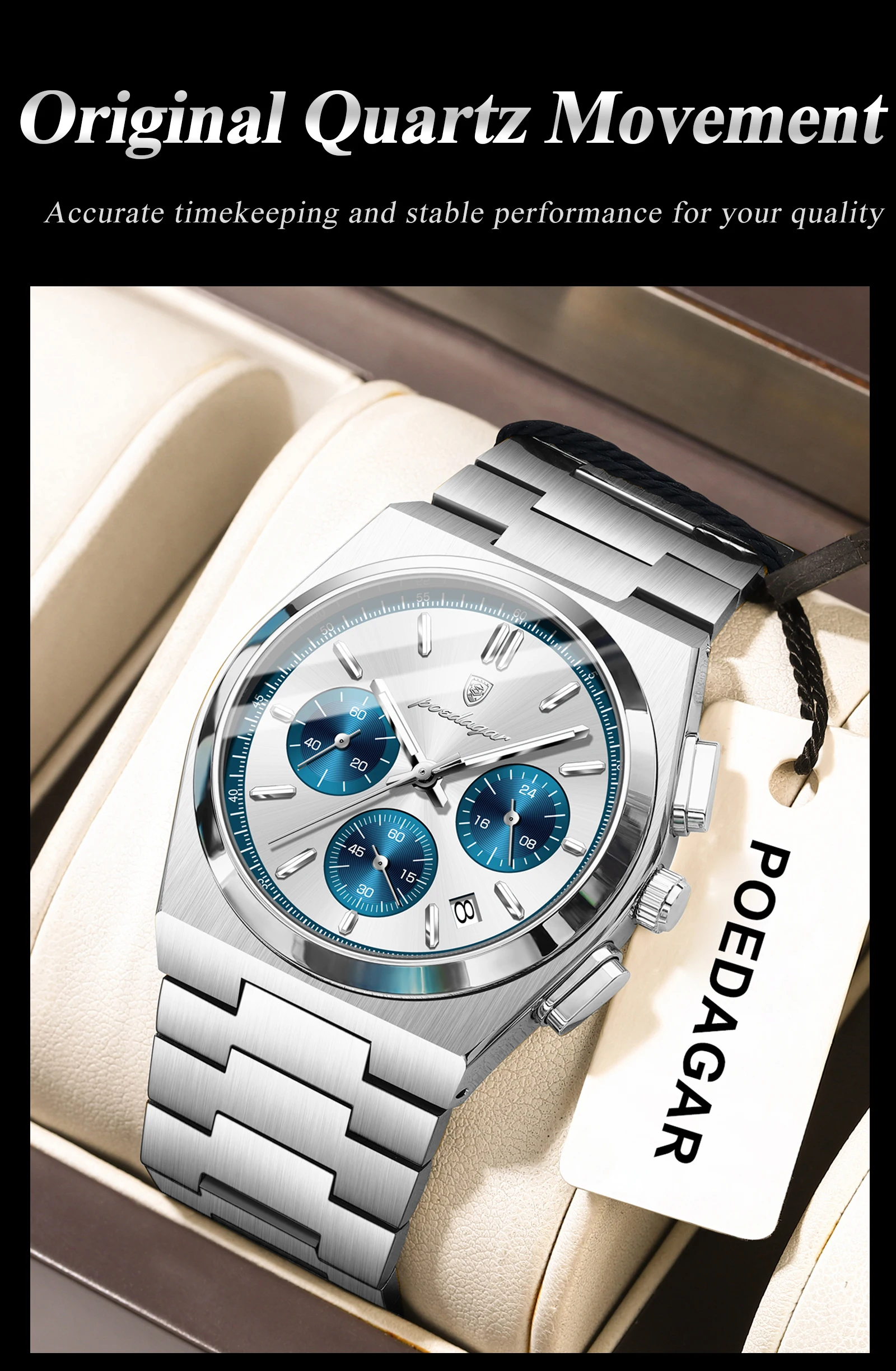 POEDAGAR Top Mode Mann Armbanduhr Chronograph Datum Edelstahl Business Männer Uhr Wasserdicht Leucht männer Quarz Uhren – Detail 7