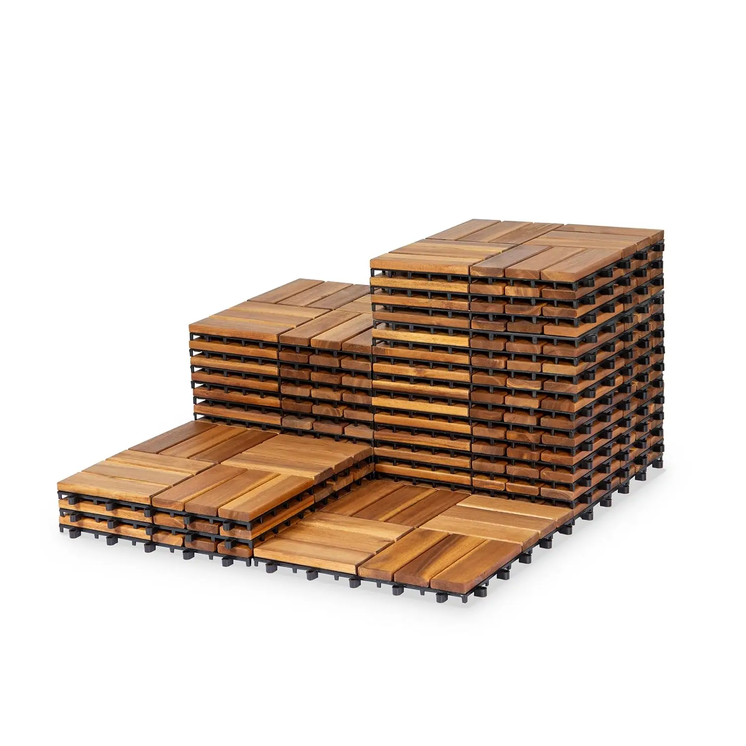 Acacia Wood Deck Tiles Interlocking Waterproof Outdoor Patio Flooring 12 Slats 12x12in 27PCS, Customized