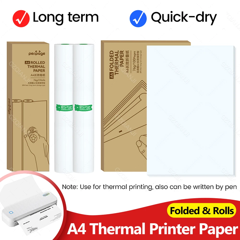 PeriPage 100 Pages Folded A4 Thermal Printer Paper Rolls for Long-lasting 210mm for A40 Portable Printer Universal