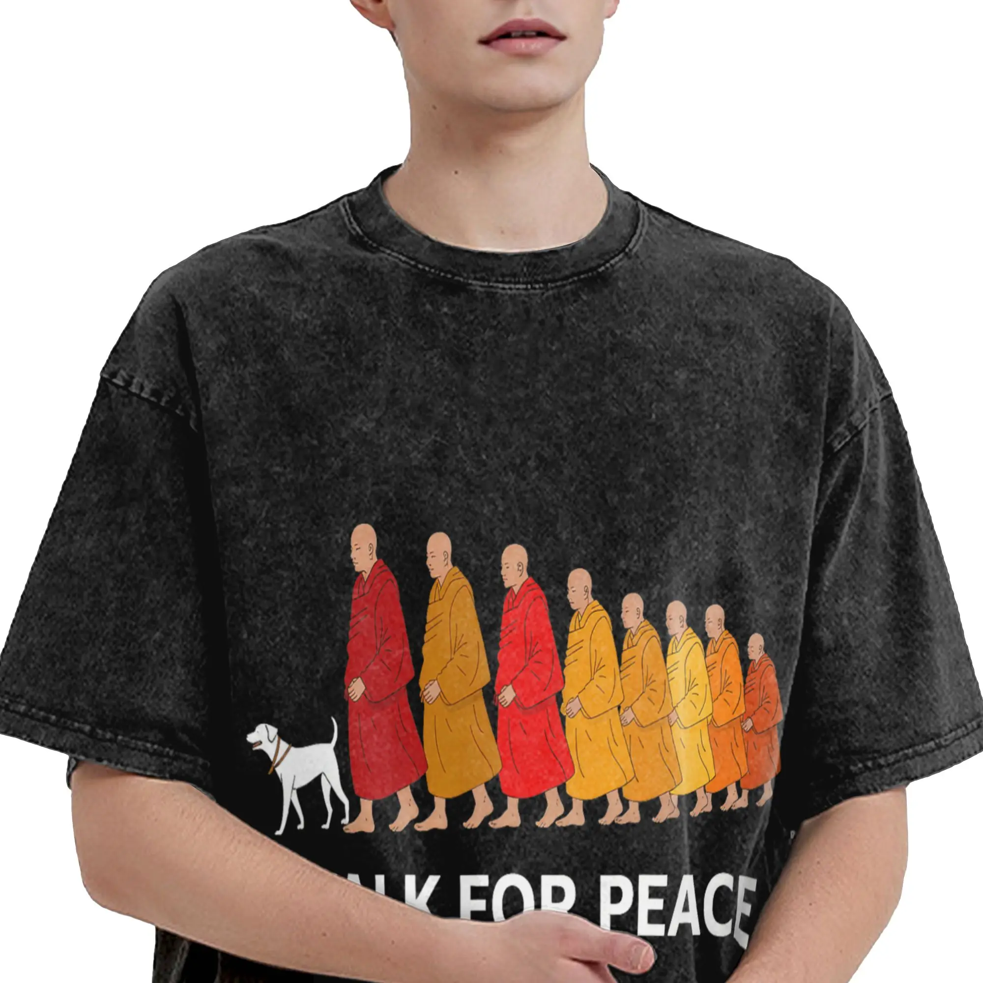 Peace Walking Monks T-Shirt Men  Funny Pure Cotton Tees Crewneck Short Sleeve T Shirt Plus Size Clothing